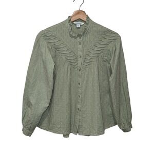 Sundance Embroidered Peasant Blouse Womens XS Green Ruffle Boho Top Button Front